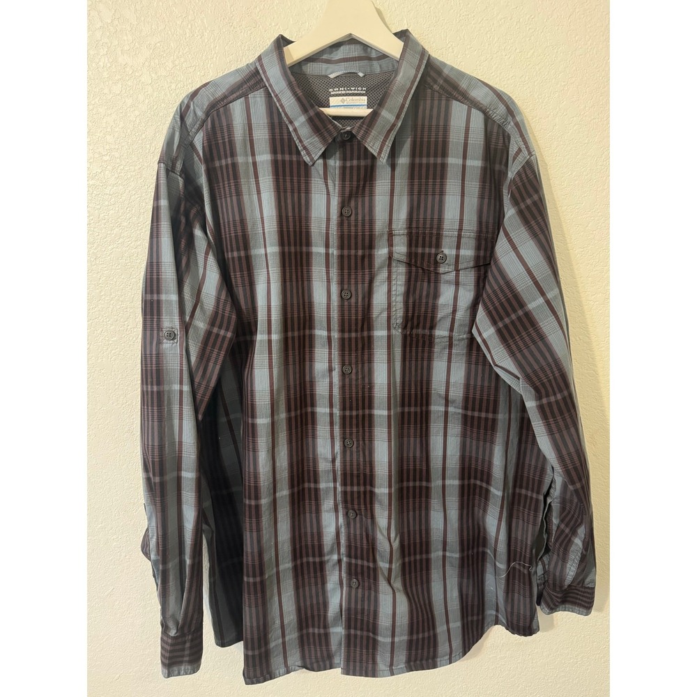 Columbia Omni-Wick Plaid Shirt Mens XXL Blue Brown Roll-Tab Ventilated‎ Outdoor